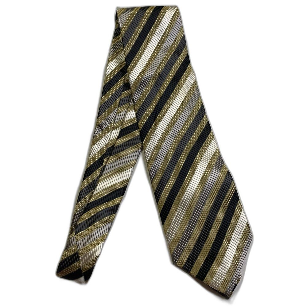 #7362 Valerio Garatu gold black cream striped silk necktie tie 4X60 IN